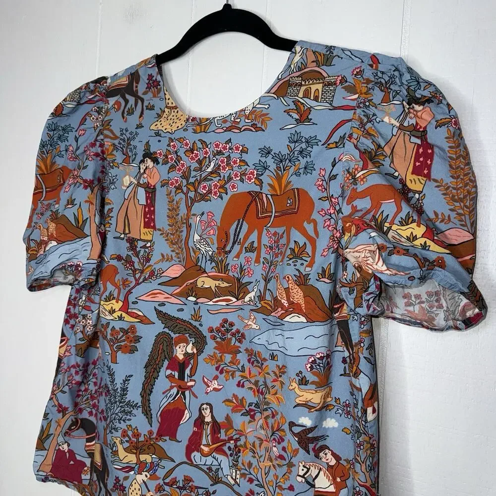 Rhode Women’s Asia Inspired Printed Blouse Puff Sleeves Size Medium - Picture 3 of 5